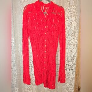Free People Red Lace Button-Up Dress With Long Sleeves, Small